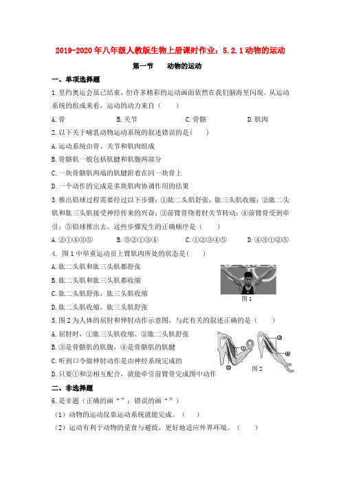 2019-2020年八年级人教版生物上册课时作业：5.2.1动物的运动