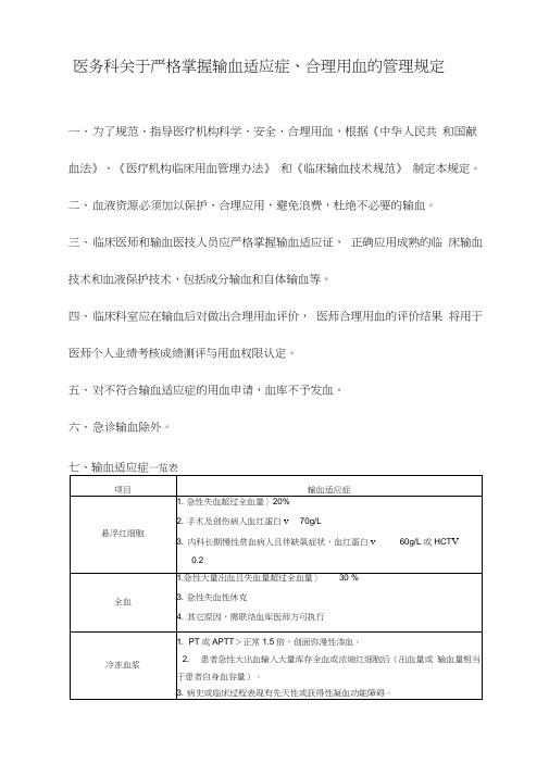 医务科关于严格掌握输血适应症合理用血的管理规定