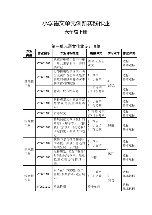 六年级上册第一单元语文作业设计清单