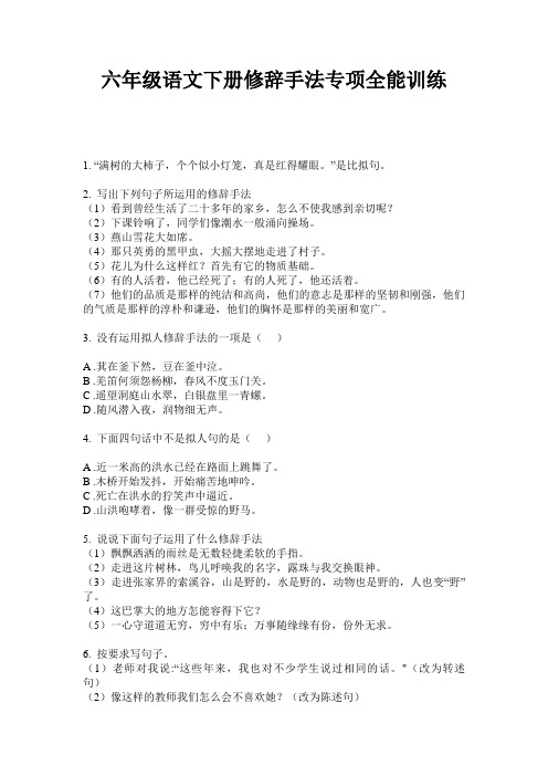 六年级语文下册修辞手法专项全能训练