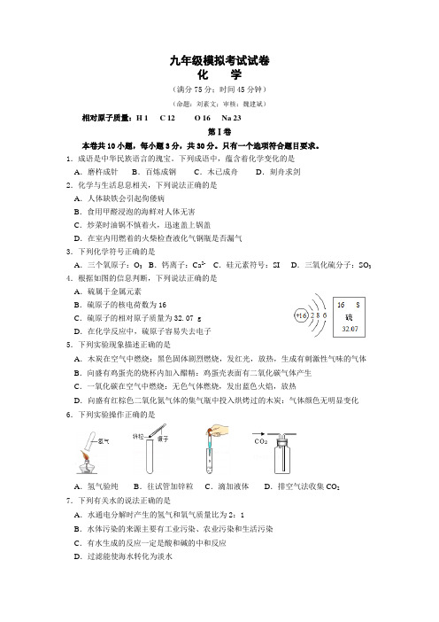 2018年九年级化学模拟考试试卷