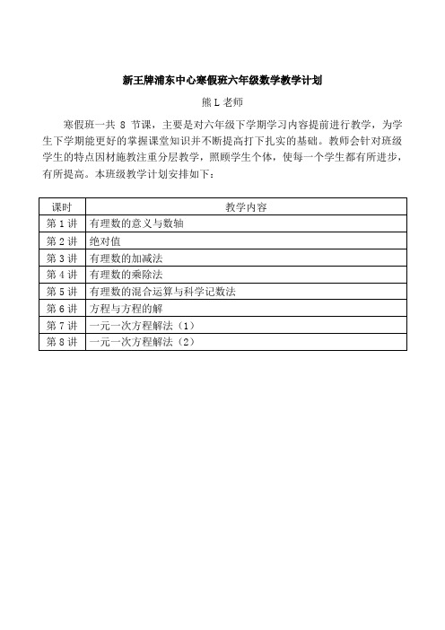 浦东新王牌补习班 寒假专题课教学计划 预初数学 熊L老师