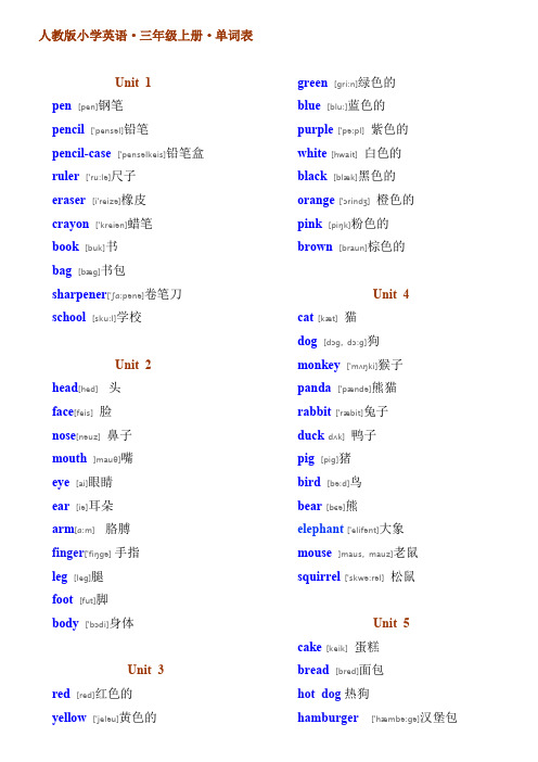 人教版PEP小学英语三年级单词表(带有音标)