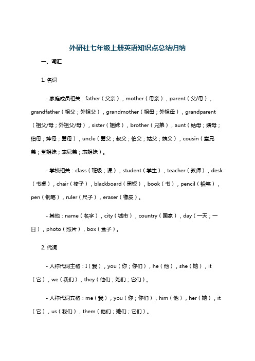 外研社七年级上册英语知识点总结归纳