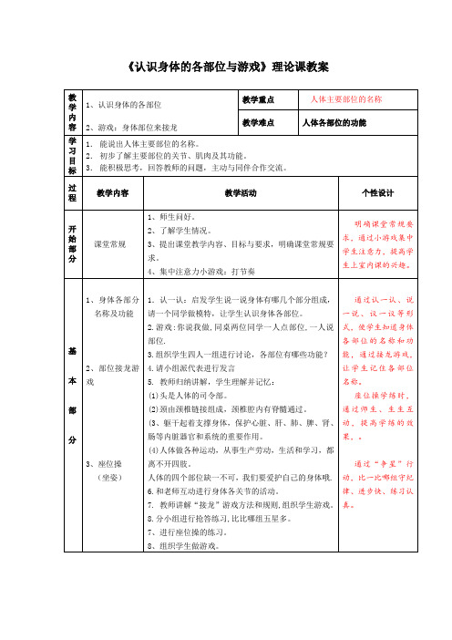 人教版小学《体育与健康》(水平二)三年级上册《认识身体的各部位与游戏》理论课教案