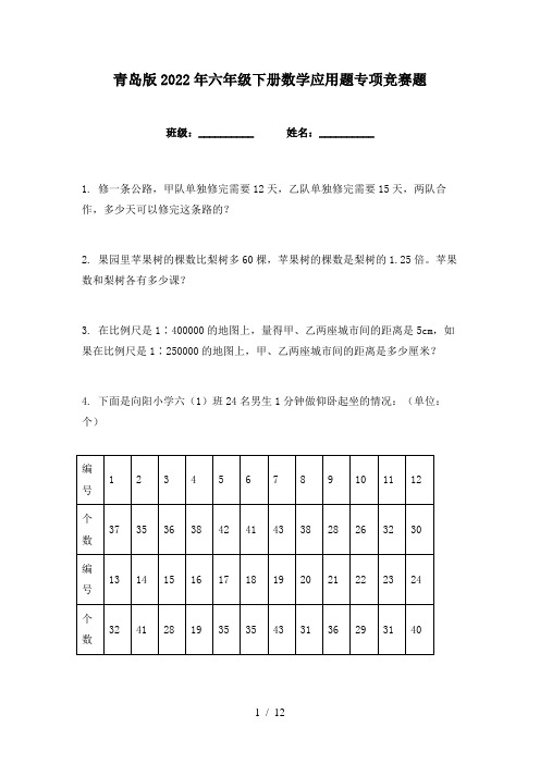 青岛版2022年六年级下册数学应用题专项竞赛题