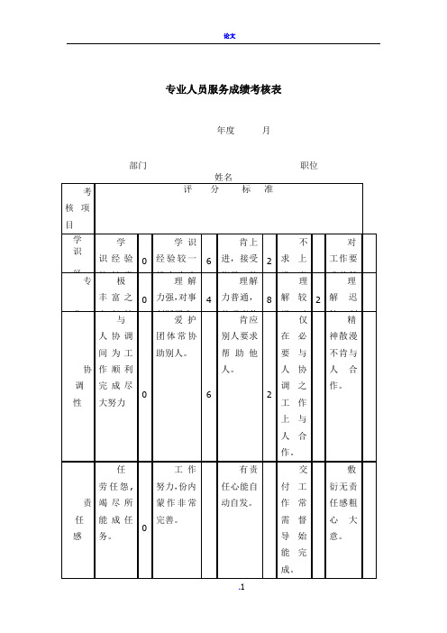 绩效考核-专业人员服务成绩考核表