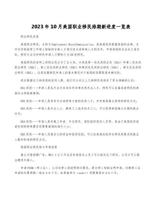 2023年10月美国职业移民排期新进度一览表