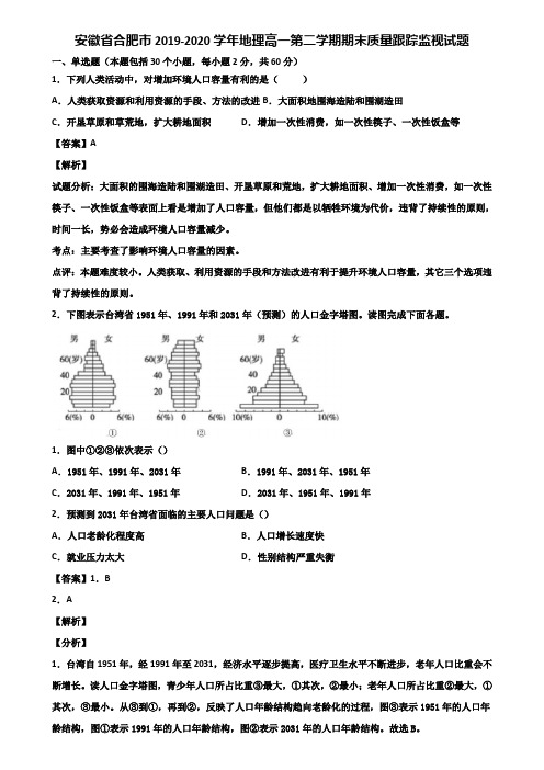 安徽省合肥市2019-2020学年地理高一第二学期期末质量跟踪监视试题含解析