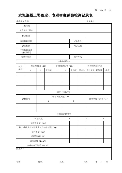 水泥混凝土坍落度、表观密度试验检测记录表