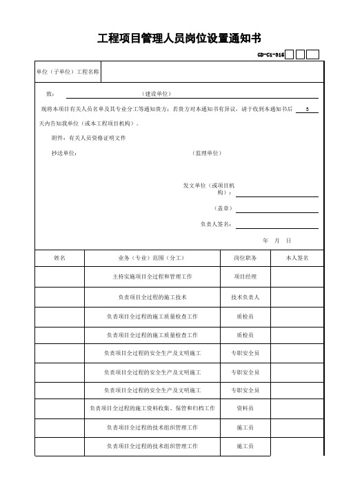 工程项目管理人员岗位设置通知书