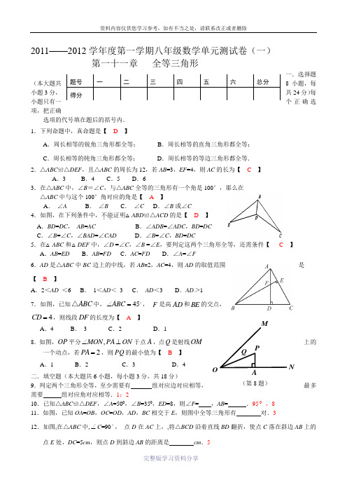 2011——2012学年度第一学期八年级数学单元测试卷(一)