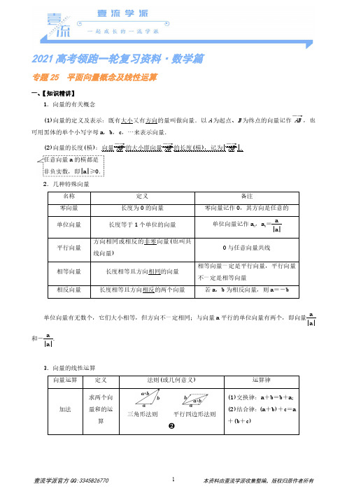 专题25 平面向量概念及线性运算-2021高考领跑一轮复习资料(解析版)