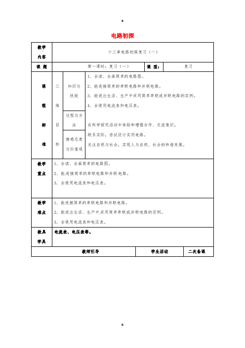 九年级物理上册 13 电路初探复习教案1 苏科版