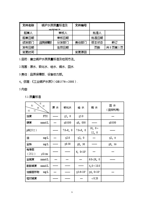 锅炉水质量标准