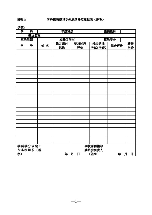 附表下载-附表1：学科模块修习学分成绩评定登记表(参考)