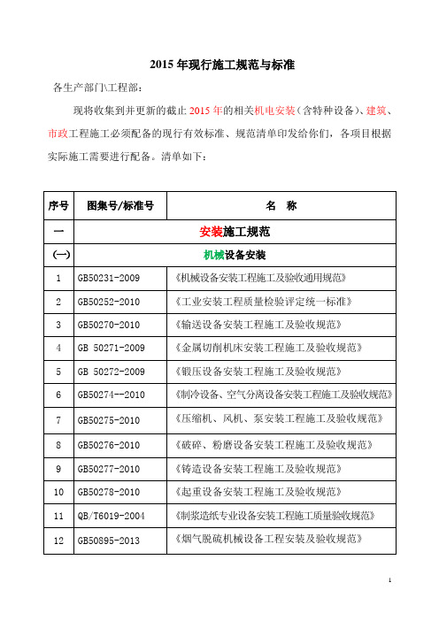 2015现行工程标准及规范