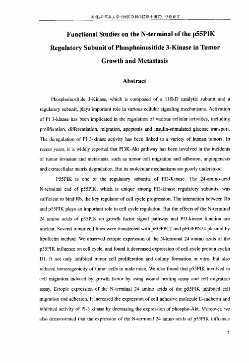 PI3Kp55PIK调节亚单位N末端在肿瘤生长及侵袭转移中作用的研究