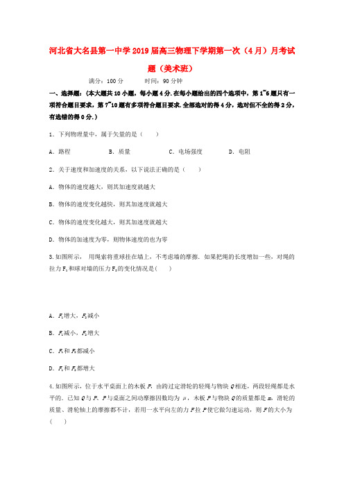 河北省大名县第一中学2019届高三物理下学期第一次(4月)月考试题(美术班)