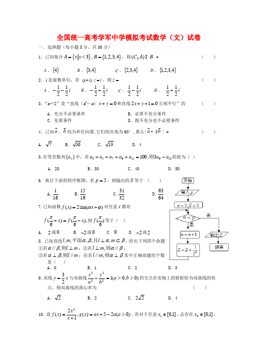 浙江省学军中学 高三数学高考全真模拟试题 文 新人教版