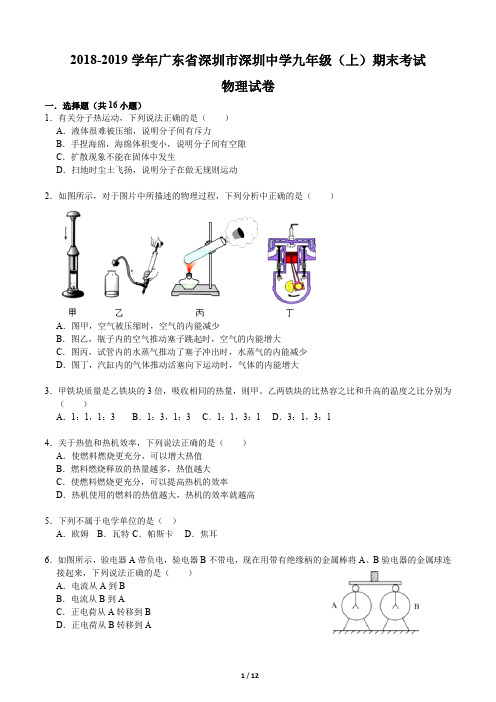 2018-2019学年广东省深圳市深圳中学九年级(上)期末考试物理试卷(含答案和解析)