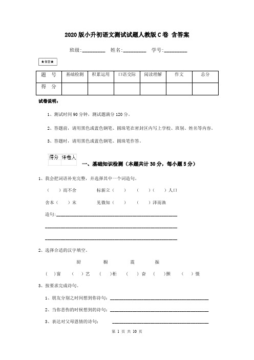 2020版小升初语文测试试题人教版C卷 含答案