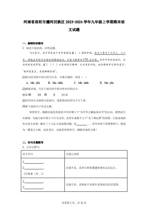 河南省洛阳市瀍河回族区2023-2024学年九年级上学期期末语文试题