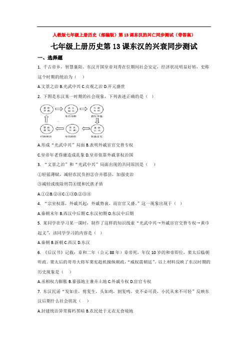 人教版七年级上册历史(部编版)第13课东汉的兴亡同步测试(带答案)