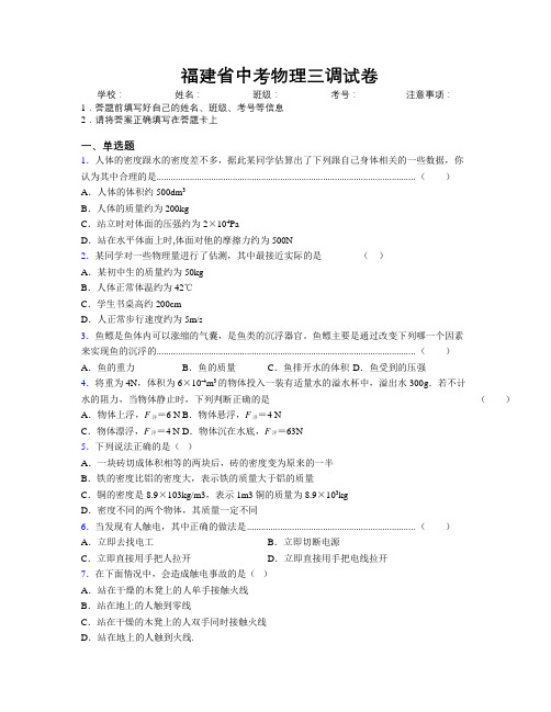 最新福建省中考物理三调试卷附解析