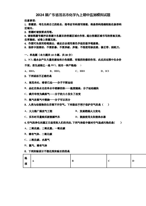 2024届广东省茂名市化学九上期中监测模拟试题含答案解析