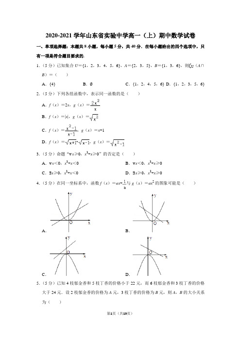 2020-2021学年山东省实验中学高一(上)期中数学试卷及答案