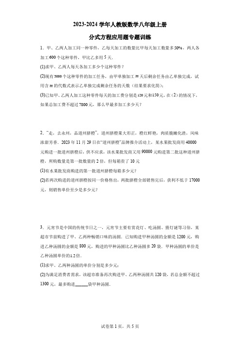 分式方程应用题专题训练2024-2025学年人教版数学八年级上册+附答案