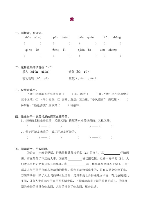 【推荐】部编人教版五年级语文上册同步练习：9鲸(带答案).doc