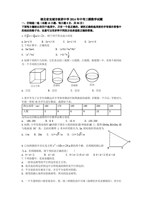 湖北省宜城市板桥中学2014年中考三模数学试题