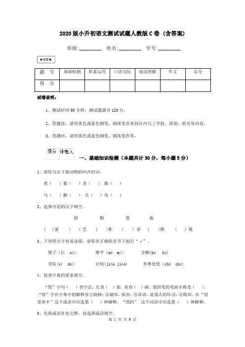 2020版小升初语文测试试题人教版C卷 (含答案)