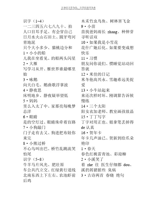 湘教版小学一年级语文各课标题与生字(全册,最新)