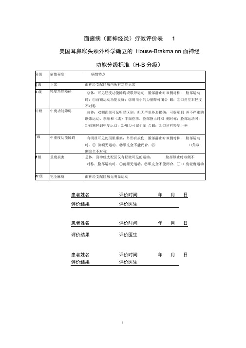 (完整版)面瘫病(面神经炎)疗效评价表