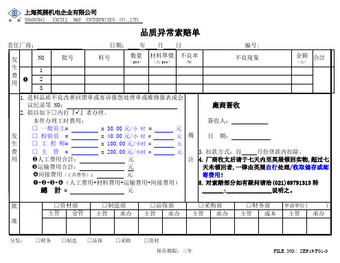 品质异常索赔申请单