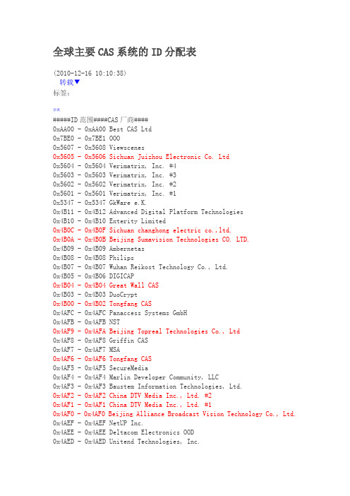 全球主要CAS系统的ID分配表