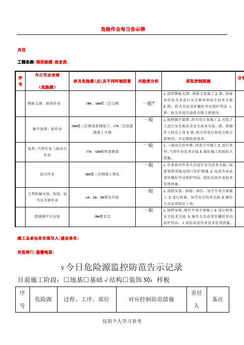 危险作业每日告示牌