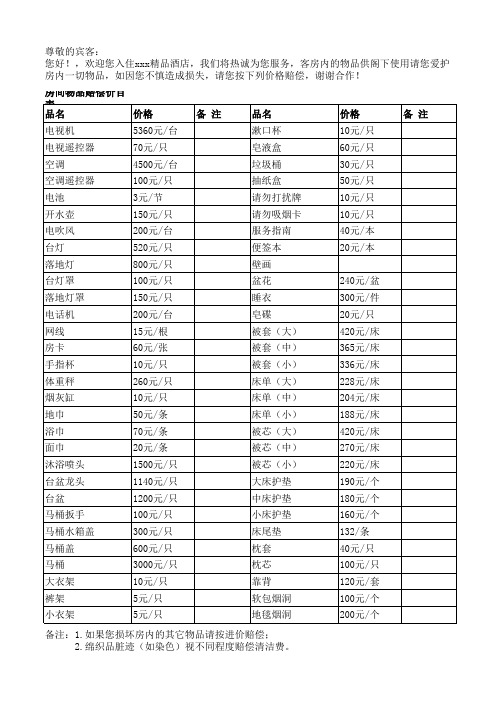 酒店物品赔偿价目表1