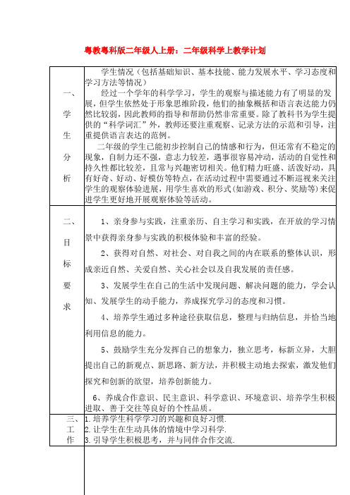 最新粤教粤科版二年级人上册：二年级科学上教学计划