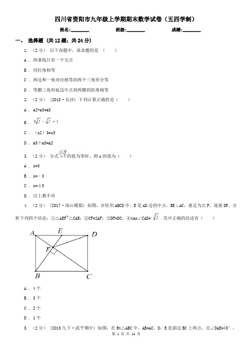 四川省资阳市九年级上学期期末数学试卷(五四学制)