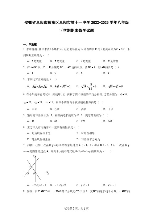 安徽省阜阳市颍东区阜阳市第十一中学2022-2023学年八年级下学期期末数学试题