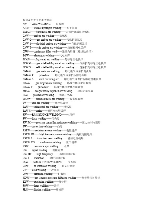 焊接及相关工艺英文缩写