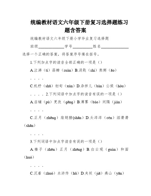 统编教材语文六年级下册复习选择题练习题含答案