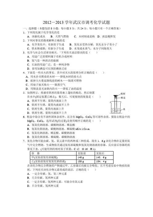 2013年武汉市初三四月调考化学试卷及答案