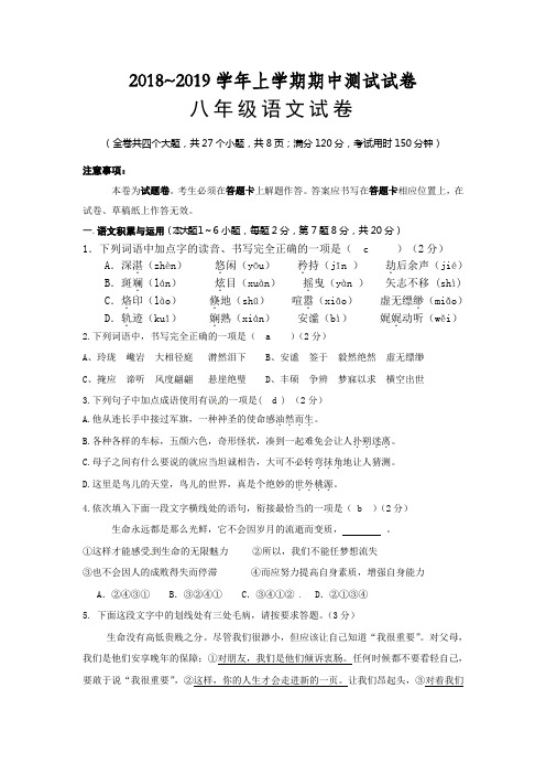 2018—2019学年部编人教版八年级上学期期中测试试卷含答案