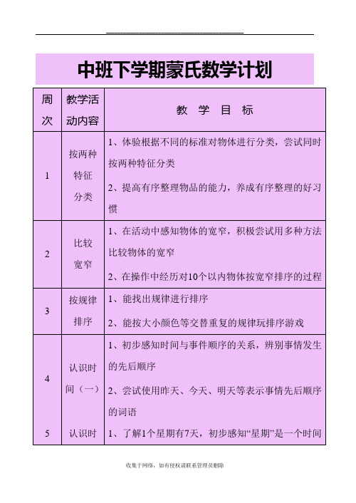 最新中班下学期蒙氏数学计划