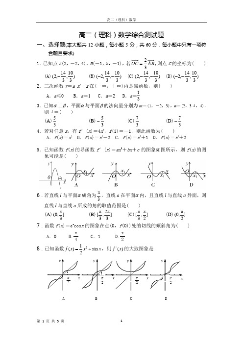 高二(理科)数学《空间向量和导数》综合测试